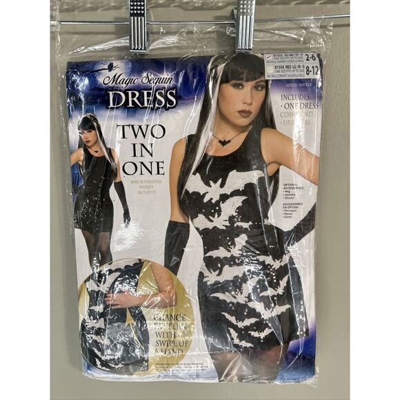 Magic Sequin Dress Black White Bats Witch Fancy Dress Up Halloween Adult Costume - Picture 3 of 11